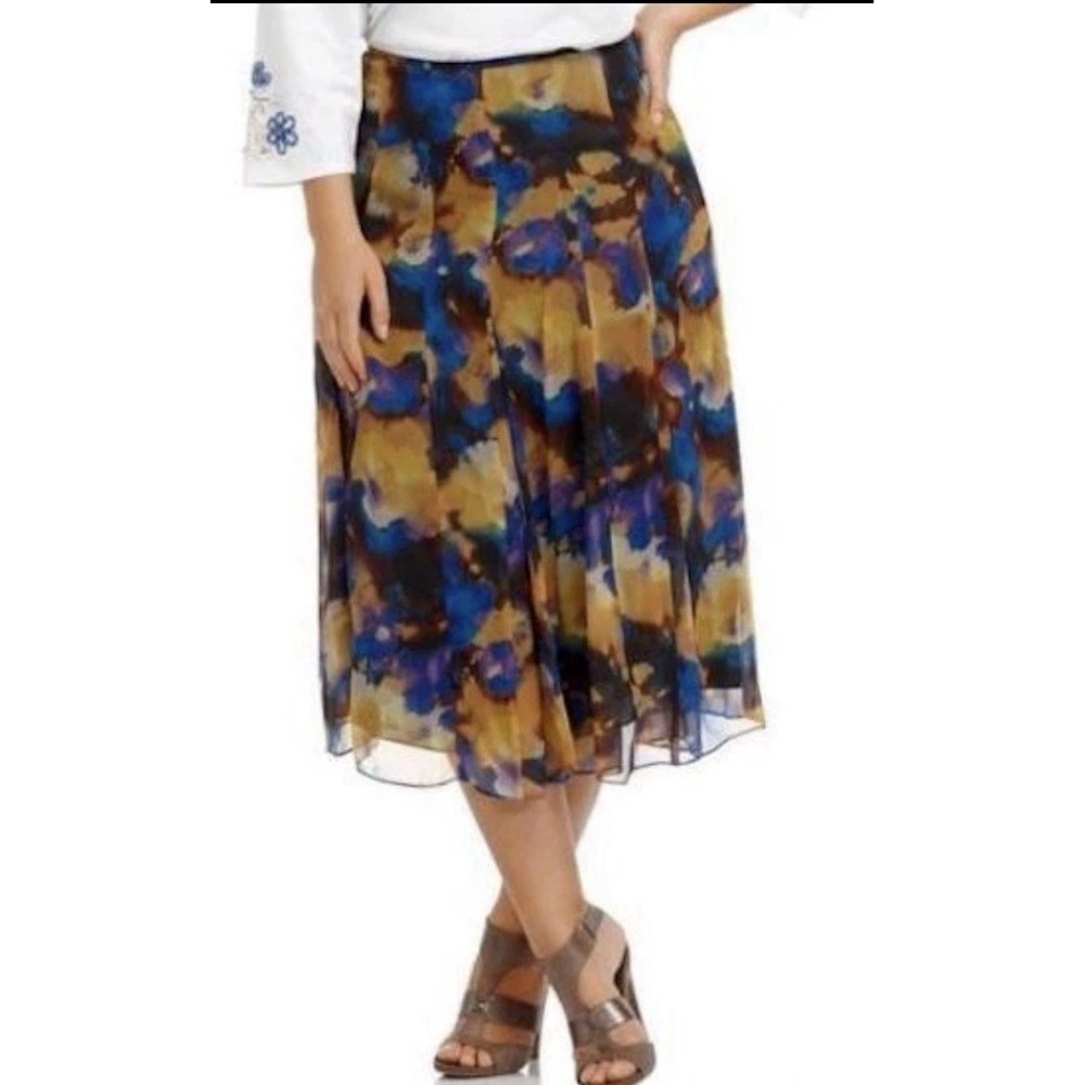 Jones New York Silk Abstract Watercolor Midi Skirt Blue Gold 16W